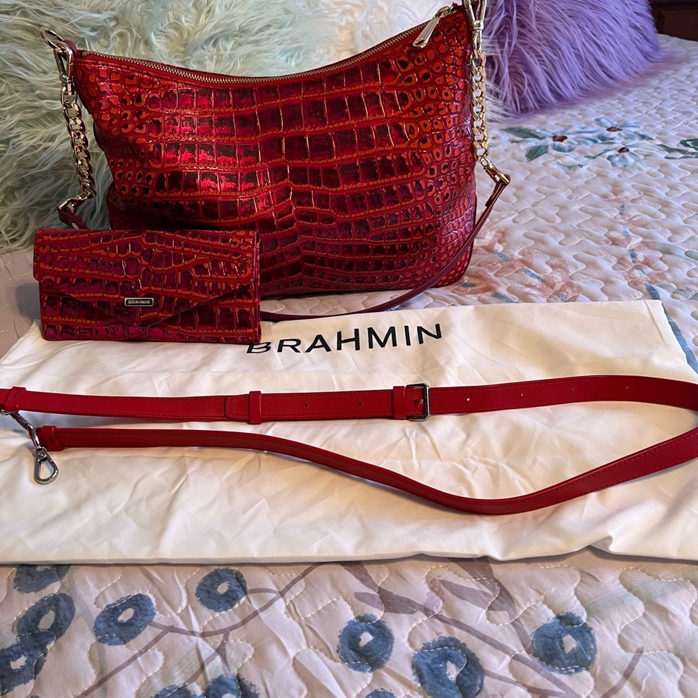 Brahmin Red leather Pomegranate Amalthea medium shoulder bag with wallet.